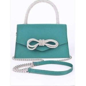 Emerald Green Rhinestone Bow Accent Top Handle Swing Clutch Bag
